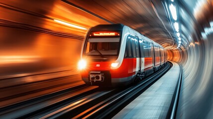Fototapeta premium A metro train speeding through an underground tunnel