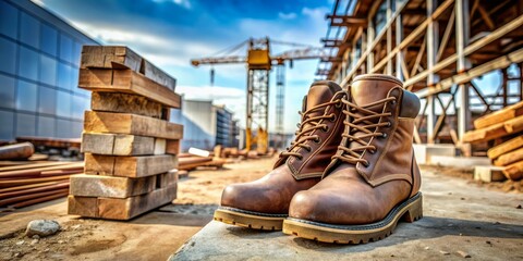Rugged leather safety boots standing on a construction site, surrounded by building materials, emphasize the importance of protective gear in hazardous work environments.