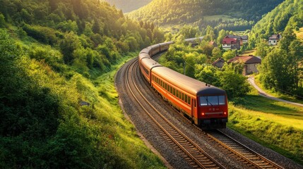 A scenic train journey winding through lush countryside and picturesque towns,