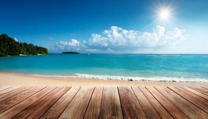 Fototapeta premium Empty wooden floor on topical sea with blue sky.