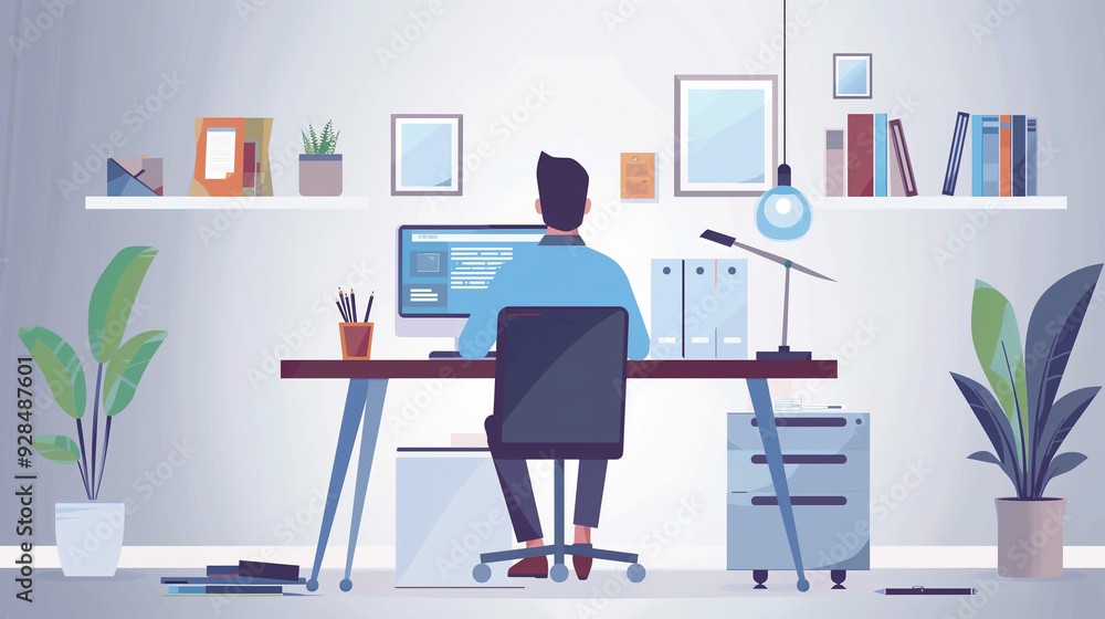 Poster a moment of deep concentration with a businessman working on his computer at a minimalist desk. surr