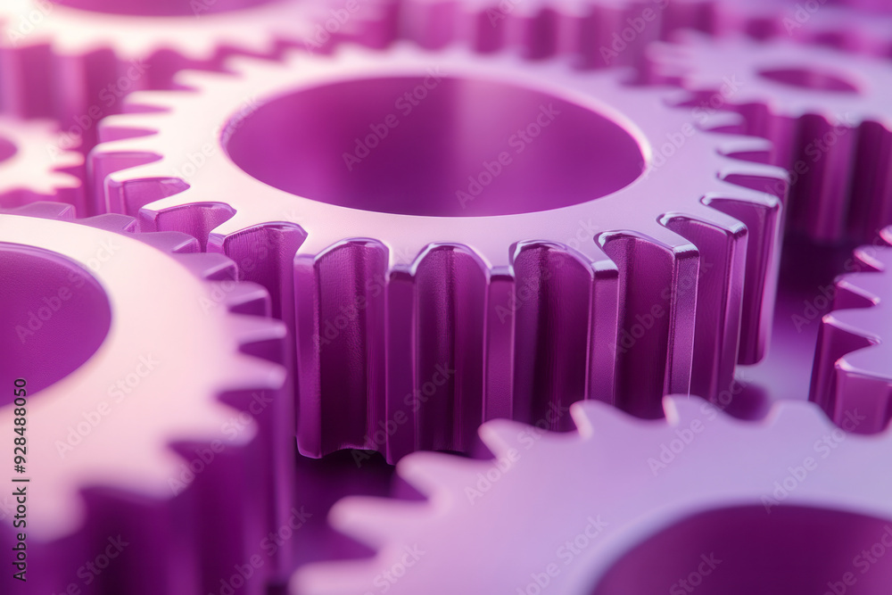 Poster a set of interconnected gears, isolated on a pastel lavender background, representing the process of