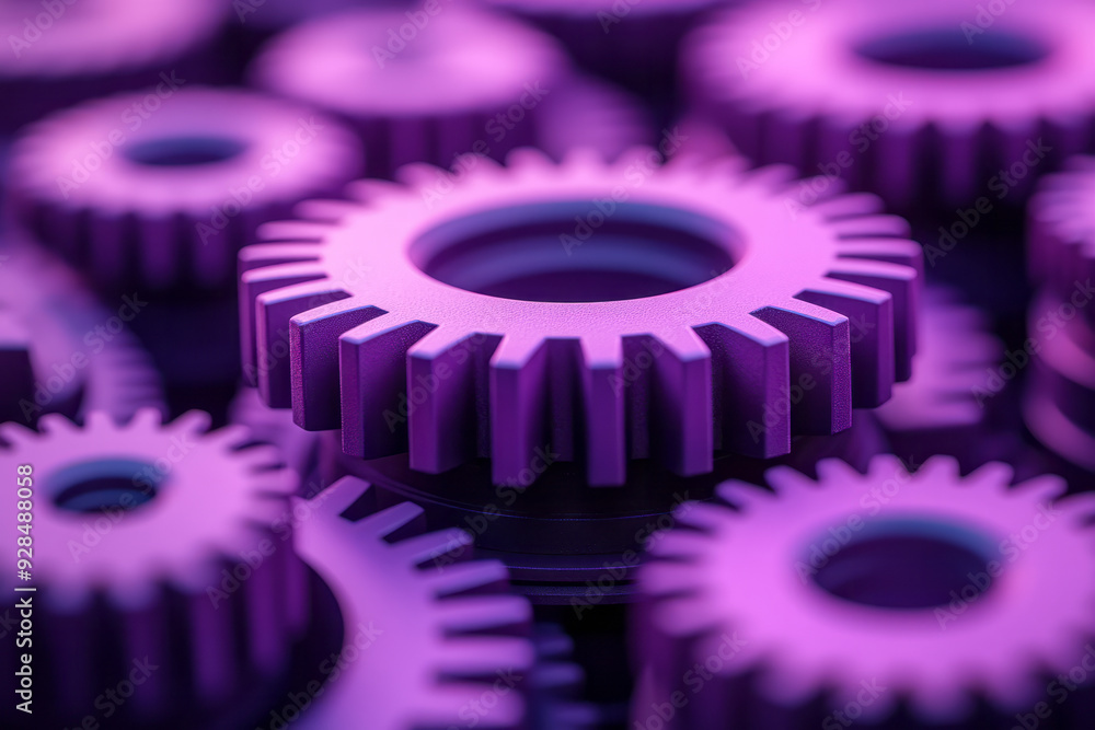 Poster a set of interconnected gears, isolated on a pastel lavender background, representing the process of
