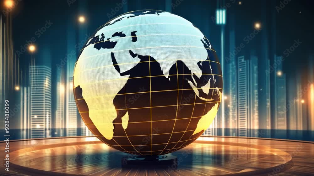 Poster a globe is sitting on a wooden table with a city in the background