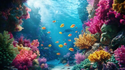 A vibrant underwater scene with colorful coral reefs and marine life, showcasing the wonders of diving travel