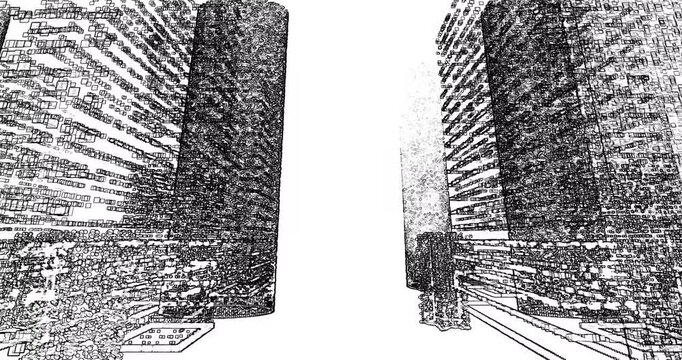Black white City seamless loop, fast motion pencil sketch style. Abstract Moving through buildings with binary code particles network