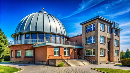 Obraz premium Modernist school building with a unique astronomy observation dome stands out against a blue sky in Kolobrzeg, West Pomeranian, Poland, showcasing innovative architecture.