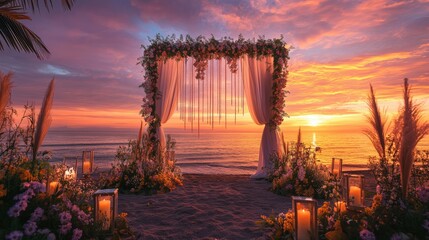 An elegantly decorated wedding altar by the beach at sunset, creating a breathtaking backdrop for the ceremony