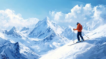 Skier standing on a snowy mountain slope with picturesque snow-capped peaks in the background under a blue sky with clouds.  Generative ai