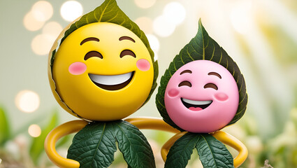 yellow and pink happy emoji dressed of plants leaf