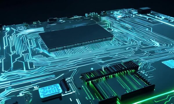 Close-up of a green computer circuit board with numerous chips and electrical components, showcasing the intricate details of modern technology