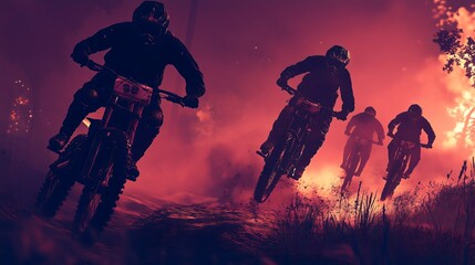 Fototapeta premium traill bikers sillhouette with smoke