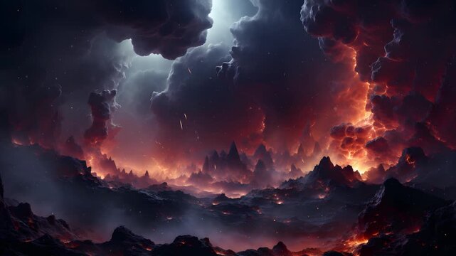 A stunning and apocalyptic view of a fiery landscape with glowing clouds and smoke billowing above.