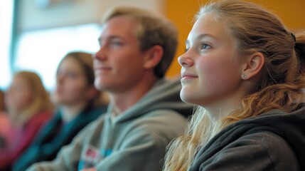 Obraz premium Parents and students at a college orientation, listening to presentations about academic programs and campus life, the atmosphere informative and welcoming, helping first-year students transition