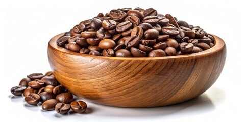Fototapeta premium Freshly roasted coffee beans overflow from a rustic wooden bowl, isolated on a clean white background, awaiting brewing in a serene and minimalist setting.