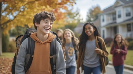 Fototapeta premium A group of school friends walking home together after class, backpacks slung over their shoulders, chatting and laughing, autumn leaves on the ground, neighborhood houses in the background, capturing