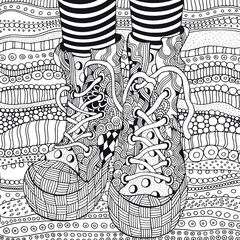 Cool shoes in zentangle style. Coloring book page for adult. black and white. Zentangle patterns.