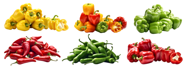 Collection of 6 vegetable fruit aromatics flavouring in pile group, Red yellow green, Capsicum bell pepper, chili chilli chilies on transparent cutout PNG file. Mockup template for artwork design