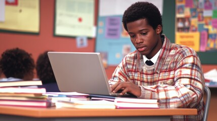 A young African American teacher sitting at a desk in a classroom, working on a laptop, a stack of books and papers beside them, colorful educational posters on the walls, students engaged in quiet