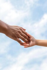 a child's hand reaching out to an adult's hand in a supportive gesture against blue sky and clouds