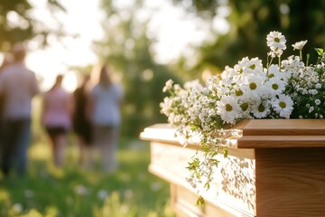 Bright outdoor funeral scene with white flowers on a casket and people departing