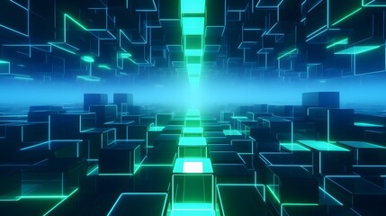 Obraz premium 3d rendering of mind green and blue abstract geometric background. Scene for advertising, technology, showcase, banner, game, sport, cosmetic, business, metaverse. Sci-Fi Illustration. Product display