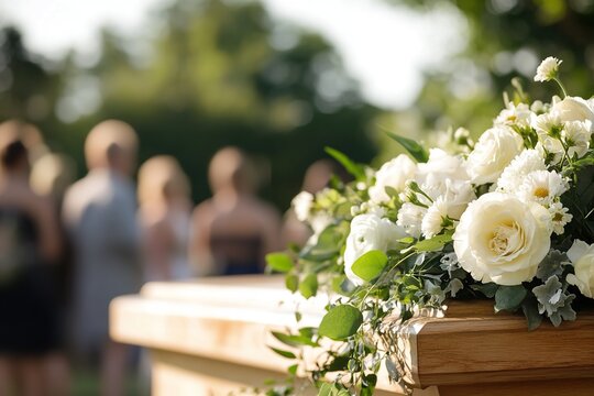 Wooden casket adorned with flowers as people walk away during a sunny funeral