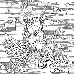  Christmas Coloring Page with Lemonade with Ice in a Glass and Candy Cane – Detailed Black and White Festive Illustration. Zentangle patterns.
