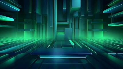 3d rendering of mind green and blue abstract geometric background. Scene for advertising, technology, showcase, banner, game, sport, cosmetic, business, metaverse. Sci-Fi Illustration. Product display