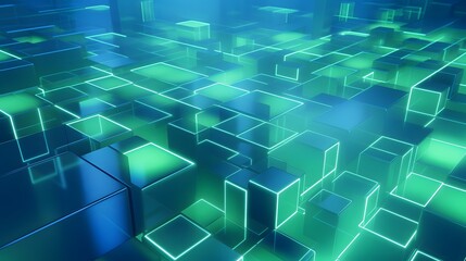 Obraz premium 3d rendering of mind green and blue abstract geometric background. Scene for advertising, technology, showcase, banner, game, sport, cosmetic, business, metaverse. Sci-Fi Illustration. Product display