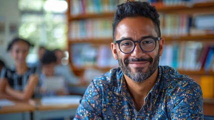 Obraz premium Portrait of a male teacher smiling in class with copy space
