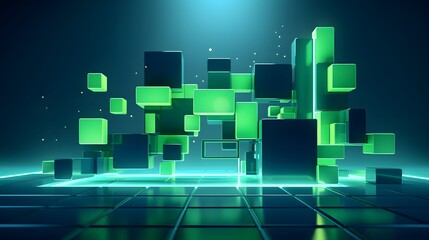 3d rendering of mind green and blue abstract geometric background. Scene for advertising, technology, showcase, banner, game, sport, cosmetic, business, metaverse. Sci-Fi Illustration. Product display