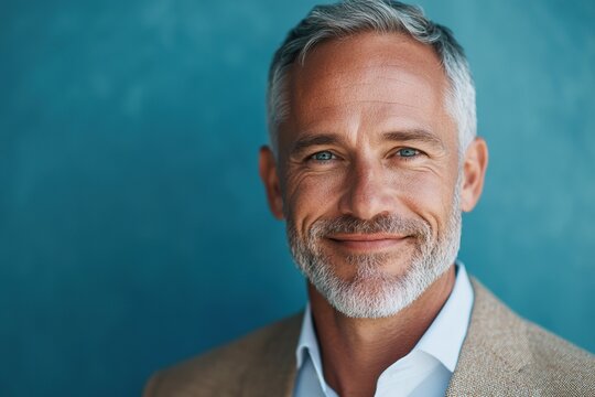 Handsome middle-aged man in business attire smiling against a blue backdrop
