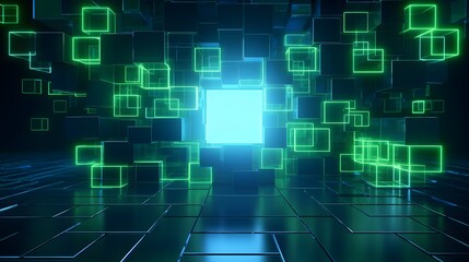 Fototapeta premium 3d rendering of mind green and blue abstract geometric background. Scene for advertising, technology, showcase, banner, game, sport, cosmetic, business, metaverse. Sci-Fi Illustration. Product display