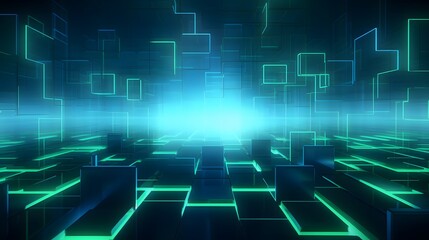 Obraz premium 3d rendering of mind green and blue abstract geometric background. Scene for advertising, technology, showcase, banner, game, sport, cosmetic, business, metaverse. Sci-Fi Illustration. Product display