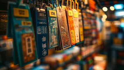 A vibrant collection of hanging tags captured in a bustling market, displaying intricate designs and vivid colors, inviting exploration of diverse cultural treasures.