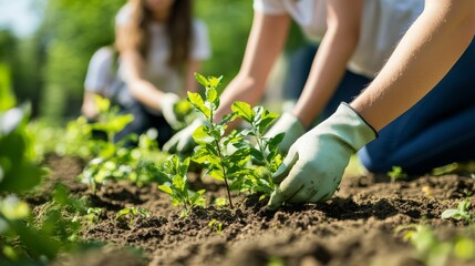 Young people are planting trees in the park, with some of them wearing gloves and gardening.