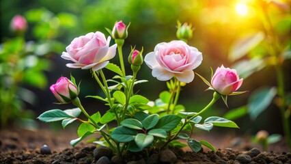 Delicate pink and white rose seedlings sprout from callused stems amidst lush green leaves, symbolizing hope and new beginnings in the natural world.