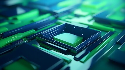 3d rendering of mind green and blue abstract geometric background. Scene for advertising, technology, showcase, banner, game, sport, cosmetic, business, metaverse. Sci-Fi Illustration. Product display