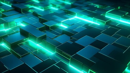 3d rendering of mind green and blue abstract geometric background. Scene for advertising, technology, showcase, banner, game, sport, cosmetic, business, metaverse. Sci-Fi Illustration. Product display