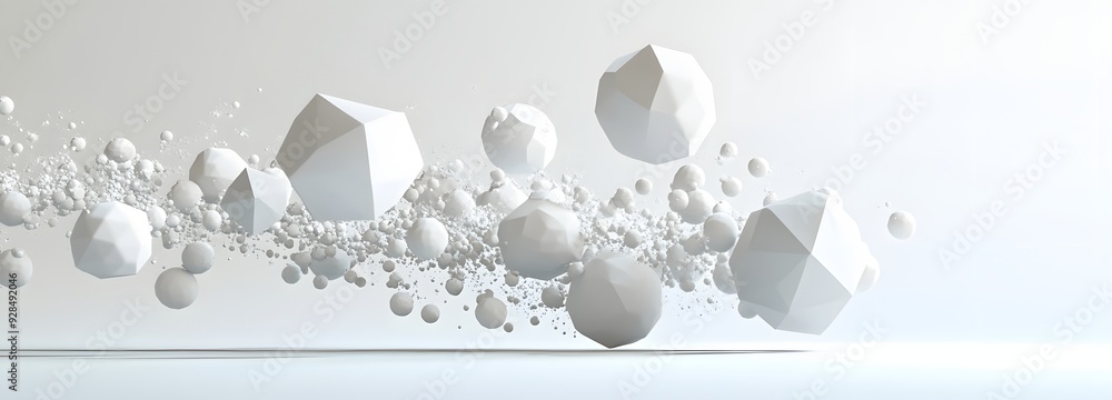 Poster 79. floating, interconnected prisms and spheres creating a modern 3d geometric design on a pristine 