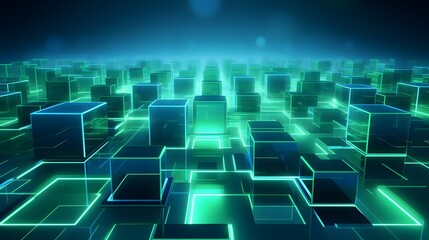 Obraz premium 3d rendering of mind green and blue abstract geometric background. Scene for advertising, technology, showcase, banner, game, sport, cosmetic, business, metaverse. Sci-Fi Illustration. Product display