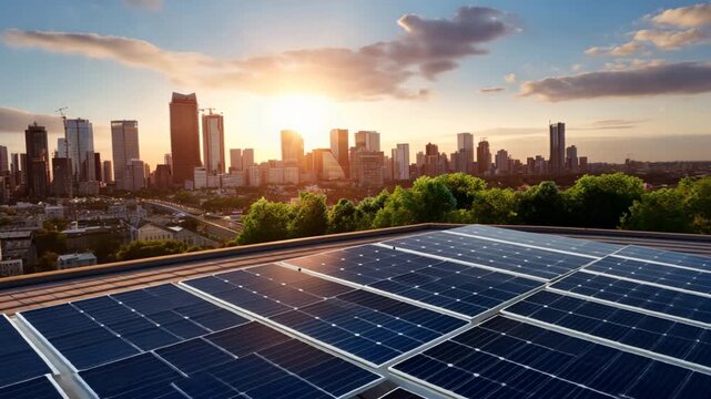 A city skyline with a large solar panel array on top of a building