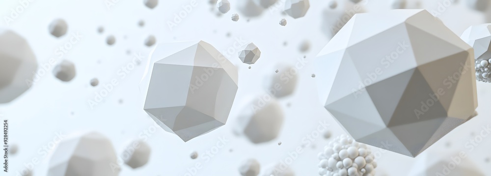 Poster 79. floating, interconnected prisms and spheres creating a modern 3d geometric design on a pristine 