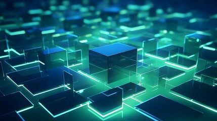 3d rendering of mind green and blue abstract geometric background. Scene for advertising, technology, showcase, banner, game, sport, cosmetic, business, metaverse. Sci-Fi Illustration. Product display