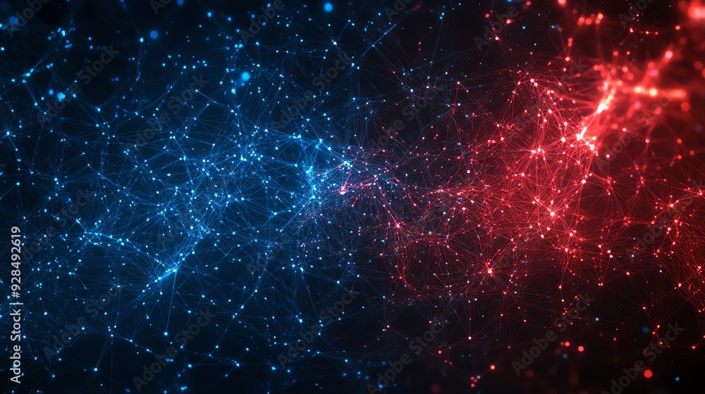 Poster cybersecurity network complexity, abstract dark blue and red connections, top view, emphasizing it s