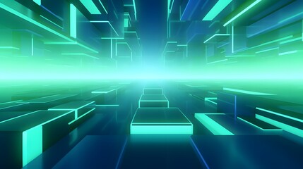 Obraz premium 3d rendering of mind green and blue abstract geometric background. Scene for advertising, technology, showcase, banner, game, sport, cosmetic, business, metaverse. Sci-Fi Illustration. Product display