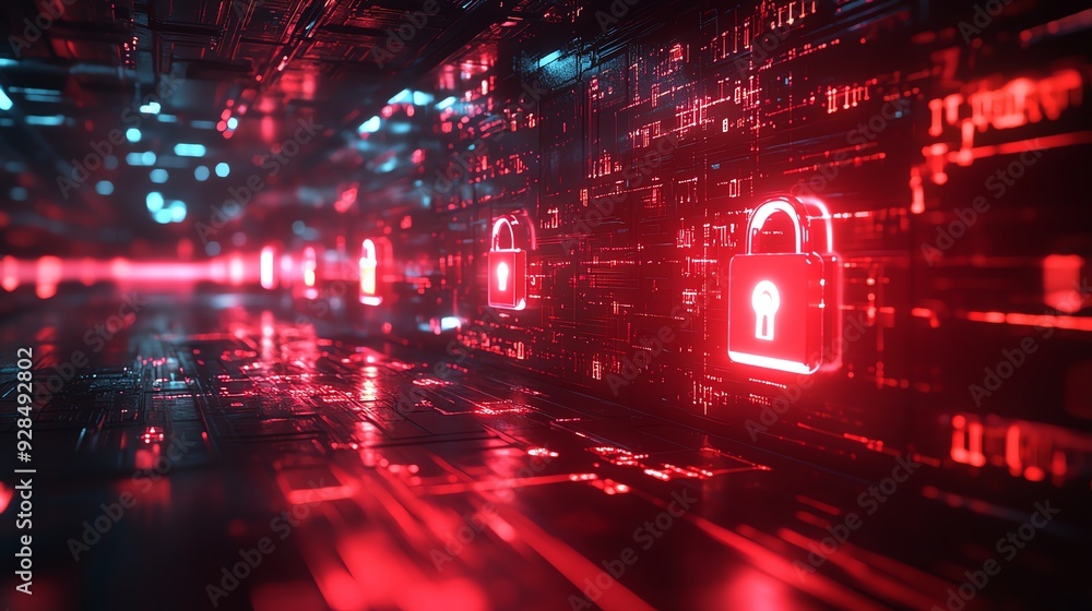Poster floating lock icons over red data stream, dark futuristic setting, side view, representing encryptio