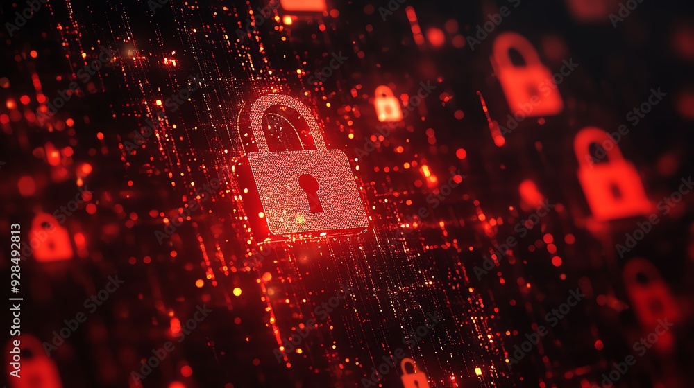 Poster floating padlock icons over red data, depicting a cyber attack in progress, selective focus, cyber t