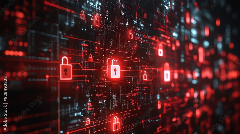 Aufkleber floating lock icons over red data stream, dark futuristic setting, side view, representing encryptio